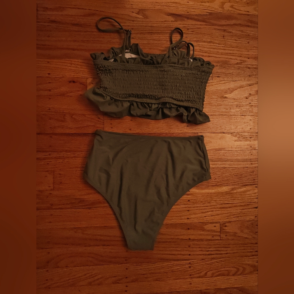 Smocked Ruffle Bikini Set in Olive Green